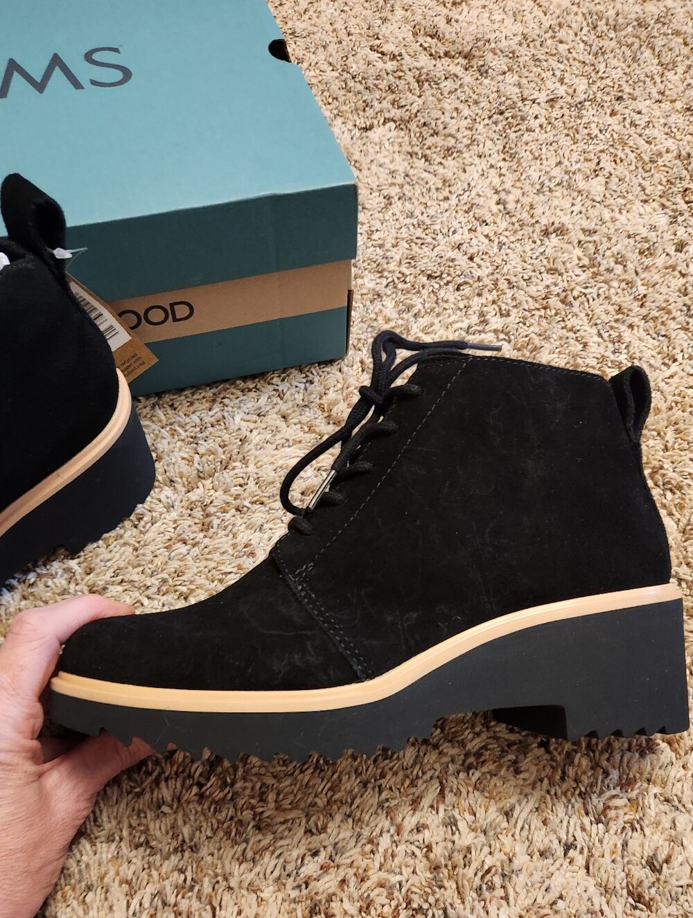 Toms Suede Black Lace-Up Wedge Ankle Boot - Women 6.5 NWT